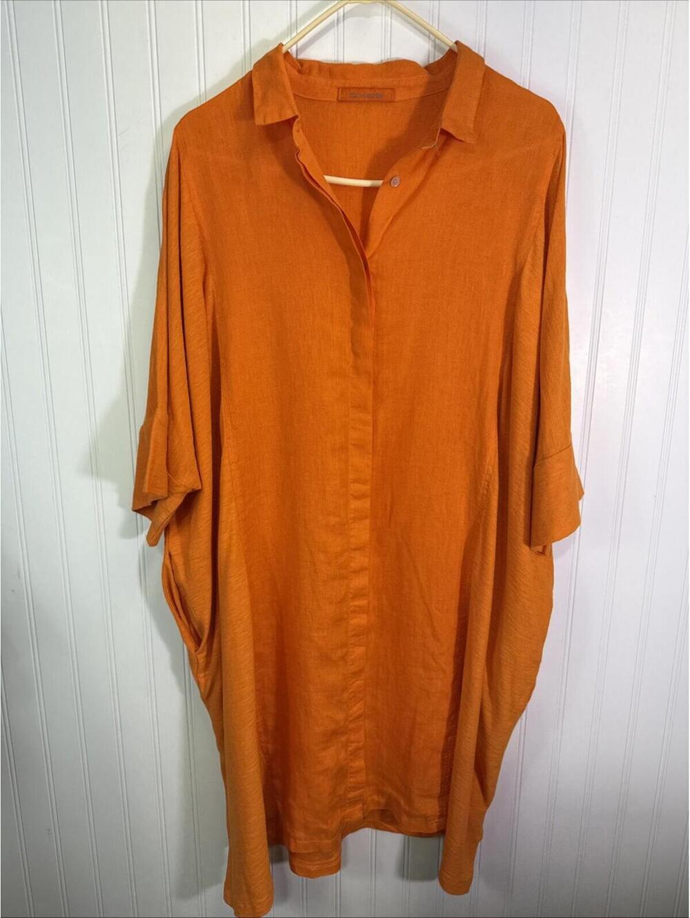 Cut Loose Orange Linen Oversized Button Front Shirt Dress Lagenlook Pockets O/S